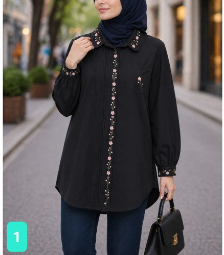 تونیک مانتو الیاف طبیعی گلدوزی شده مشکی در 5 طرح